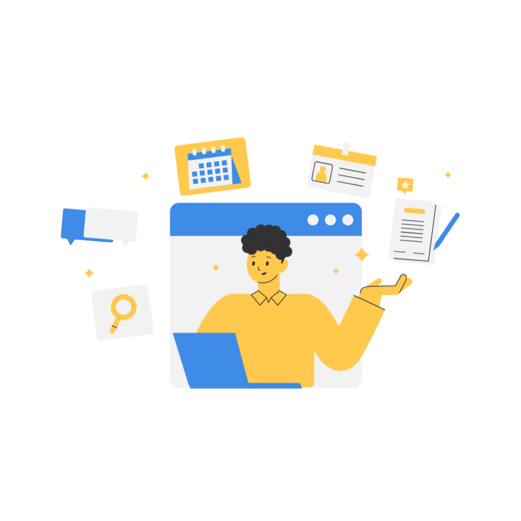 Illustration d'une personne utilisant un ordinateur avec des icônes flottantes de recherche, calendrier et documents.